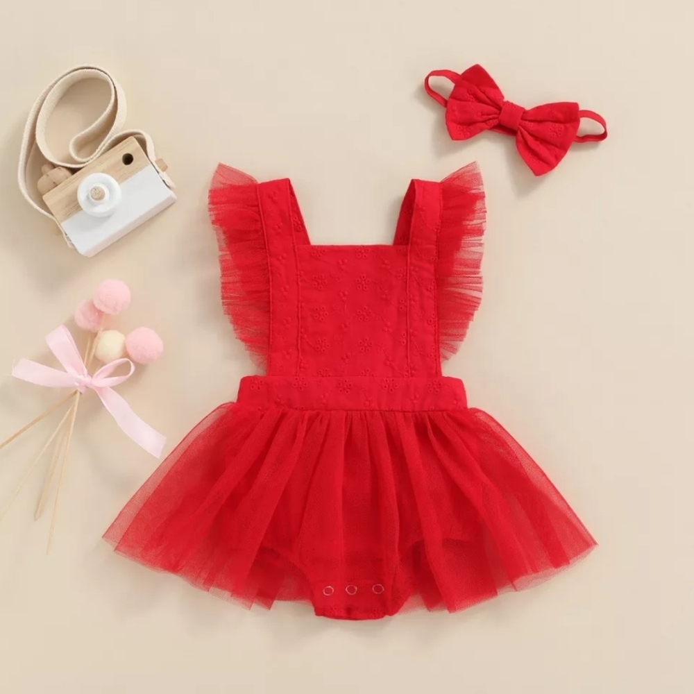 First Birthday / Cake Smash Bohemian Lace Red Romper Dress